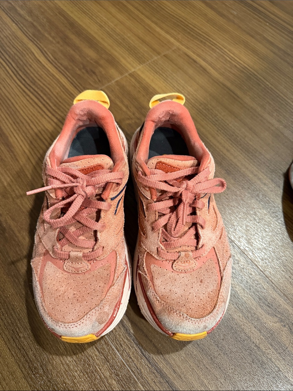 Hoka Coral Pink and Yellow Sneakers